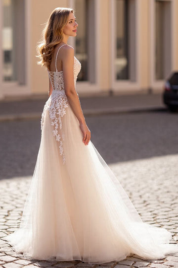lvory A Line Appliqued Tulle Long Wedding Dress